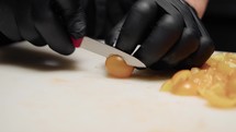 Small yellow tomatoes preparation and cutting 