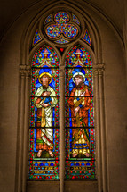Colorful glass stained windows inside a church Montpellier
