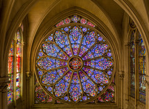 Inside view church magnificent Gothic architecture circular rose window