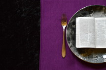 bible opened up at Matthew 4:4  on a plate, - 