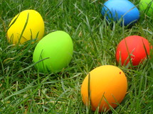 Multicolored Easter eggs in the grass.
