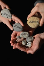 People are giving their worries in the symbol of stones into the hands of Jesus.
worry, worries, anxiety, anxieties, stone, stones, hands, hand, care, caring, give, giving, deliver, delivering, concern, concerns, trouble, troubles, sorrow, sorrows, pain, fear, concernment, problem, problems, free, freeing, release, releasing, rescue, rescuing, bother, symbol, figure, burden, load, oppressiveness, oppressive, stress, affliction, letter, letters, write, written, writing, pebbles, pebble