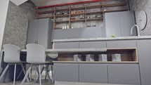 Tracking shot of a large luxury kitchen with gray modern design