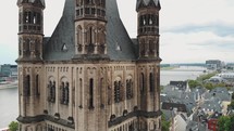 Close-up aerial footage of the historic cathedral building in Cologne, Germany.