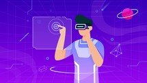Persone wearing VR, playing with graphs in Metaverse, teaching, metaverse education and learning man playing education game metaverse digital world futuristic cyberspace backdrop 	