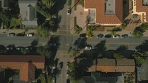 aerial view over neighborhood street 