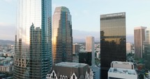 Cinematic urban aerial time lapse of downtown Los Angeles skyline. 