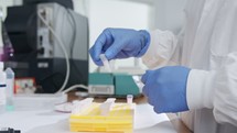 Scientist examining frozen samples takes out of deep freezing in a lab
