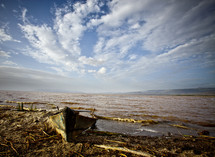 A washed up fishing boat on the shore
