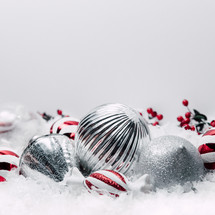 silver and red and white ornaments 