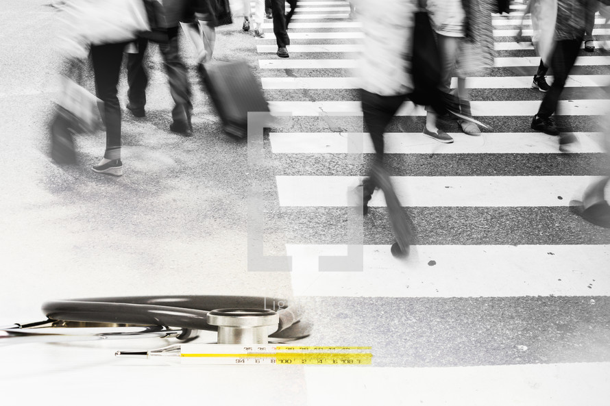 stethoscope and people on a crosswalk double exposure 