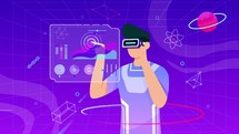 Person wearing VR, playing with graphs in Metaverse, teaching, metaverse education and learning man playing education game metaverse digital world futuristic cyberspace backdrop 4k	