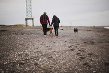 a couple holding hands and walking on a beach with dogs