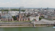 Establisher of Rhine embankment promenade, Dusseldorf, Germany. Aerial shot