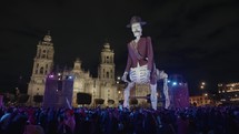 Day of the Dead Día de Los Muertos Skeletons and Skull Gaint Sculptures Display at Zócalo Main Square Night Mexico City Ciudad de México
