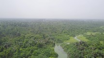 aerial view over river and jungle 