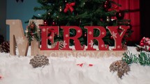 Snowy Merry Christmas Background with pine cones 