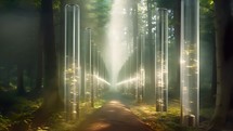 Electricity flows inside a transparent tube into a forest 
