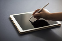 person writing on a tablet with stylus. 