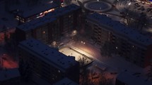 Aerial view of a small city during a cold winter night