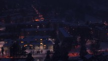 Aerial view of soviet style buildings in a snowy winter night