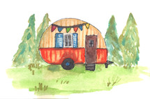 a watercolor painting of an old camper 