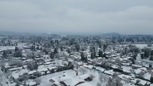 Drone shot of snowy neighborhoods during winter