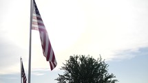 A slow motion capture of American flags blowing in the wind.
