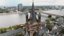 Circling the historical Great Saint Martin Church of Cologne, Germany.