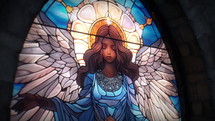 Close-up shot of a beautiful, dimly back-lit stained glass window of a Nativity Angel with snow just starting to fall. Stained glass was generated with AI and composited into a 3D CGI scene.