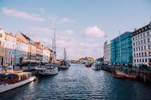 boats along a channel in Copenhagen 