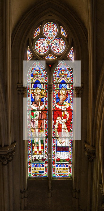 colorful designs Stained glass windows inside church view 