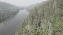 Drone shot of trees and a river river in a canyon with a smokey atmosphere.