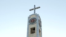 clock tower, bell tower, cross topper, steeple, sky, outdoors, church, cross 