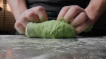 Hands Of A Chef Work The Homemade Dough Of Green Noodles Food At The Restaurant