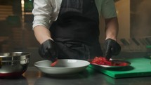 Chef Hands Prepare Appetizer With Pink Prawns Food In Kitchen