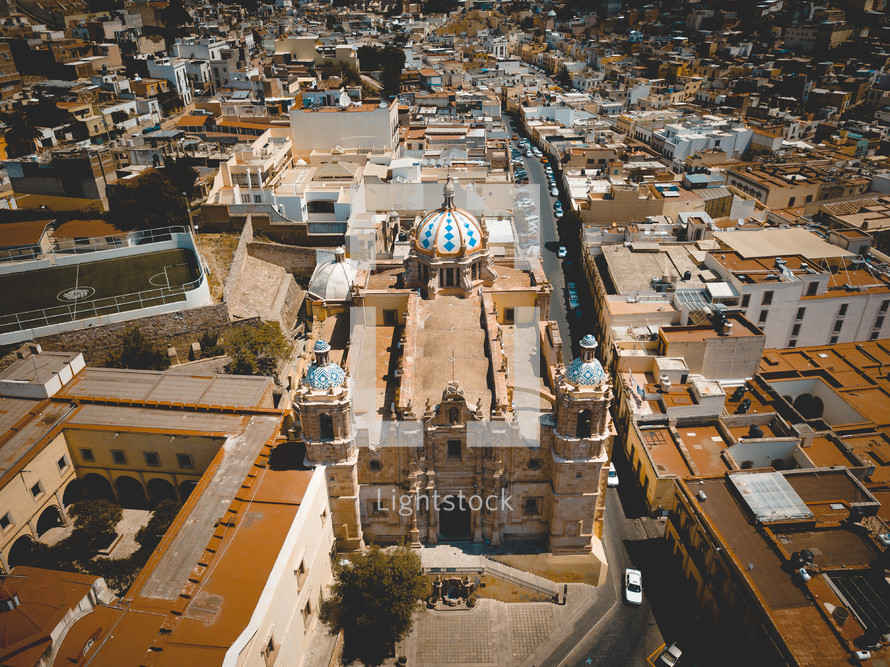 aerial view over a cathedral 