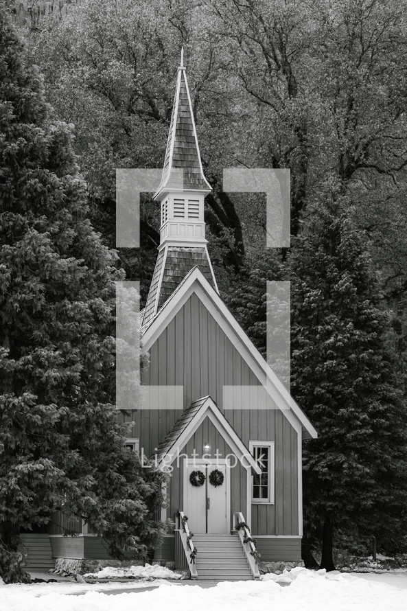 Black and white photo of a chapel at Christmas