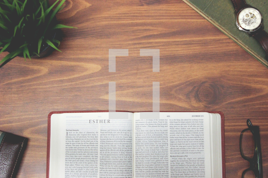 open Bible and reading glasses on a wood table - Esther 