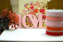 word, love, lettering, ribbon, stack, floral, paper, Valentines day, background 