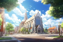 Church in the city. Conceptual image. 3D rendering. Anime Style. Japanese Cartoon