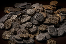 A scattered collection of old coins, photo