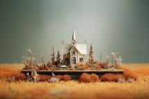 Model of a church on a field of flowers. Selective focus.