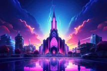 Church on the background of the night city. Illustration in neon style