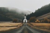 An image of a church in the middle of a foggy landscape