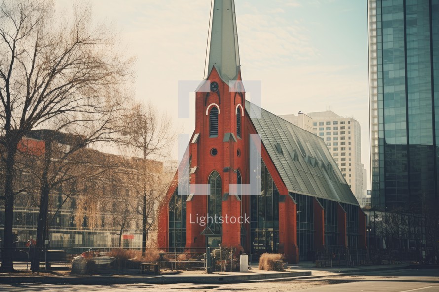 Vintage retro hipster style image of a church in the city