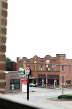 brick buildings and burger restaurant downtown 