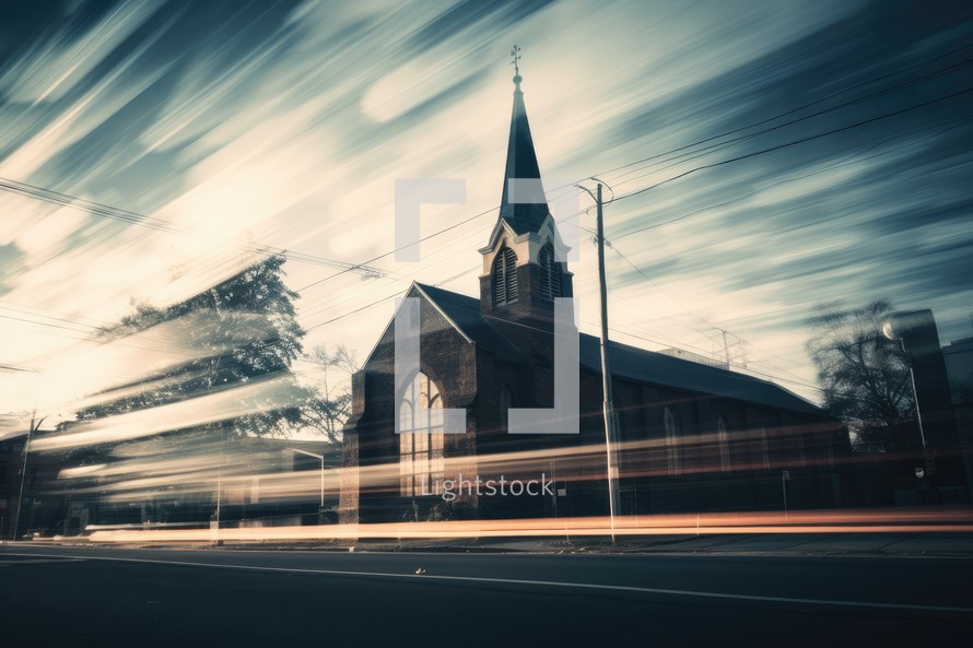 Church in motion blur. Blurred light trails on the street.