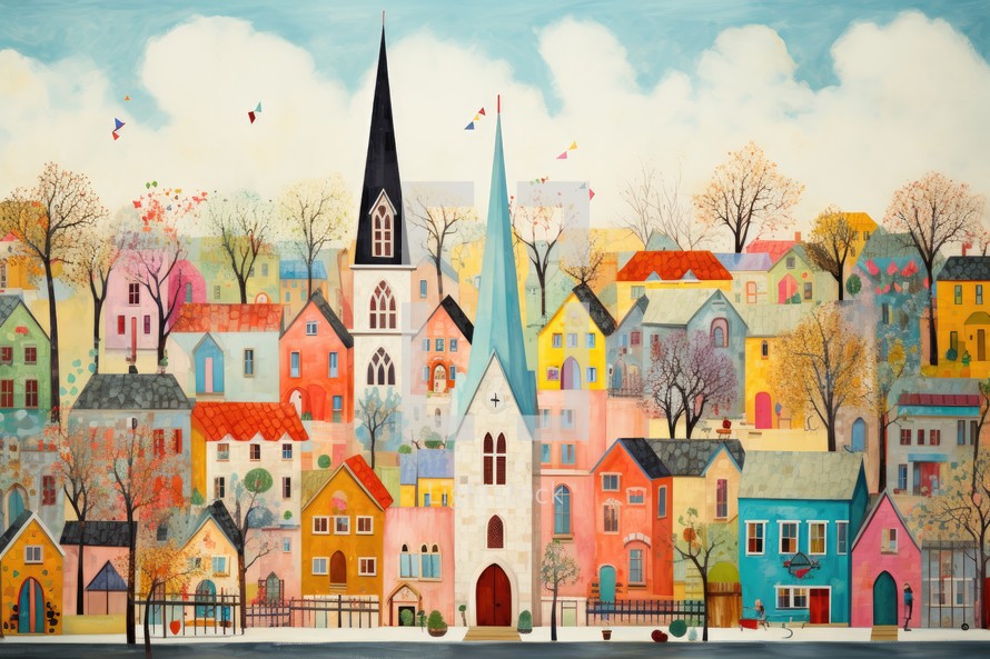 Colorful Church, village and trees. Illustration