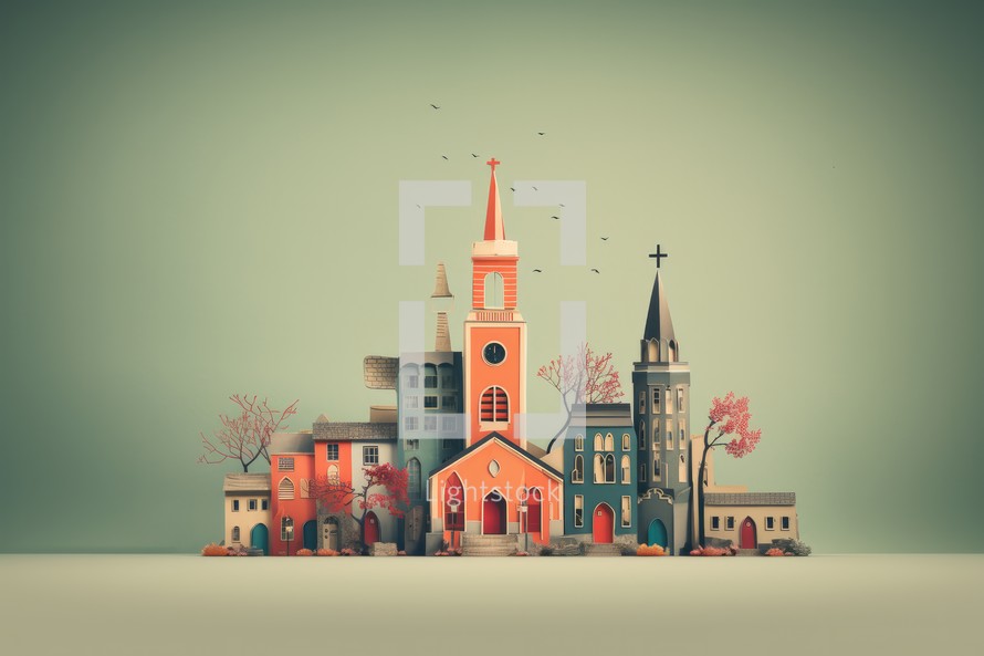 Vintage style illustration of church with autumn trees on background.